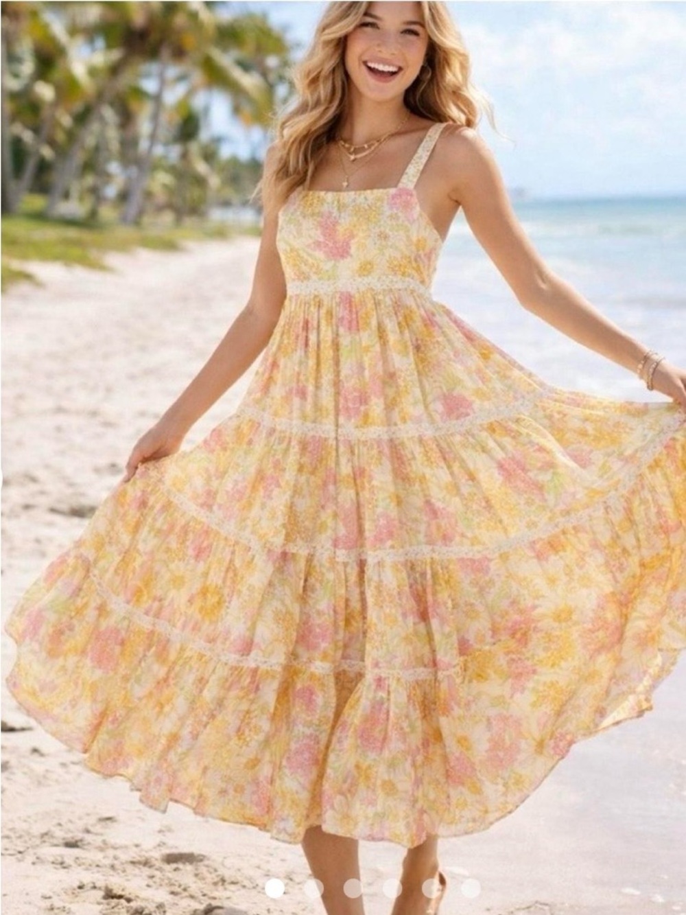 American Eagle Boho Floral Tiered Maxi Dress in Yellow & Pink